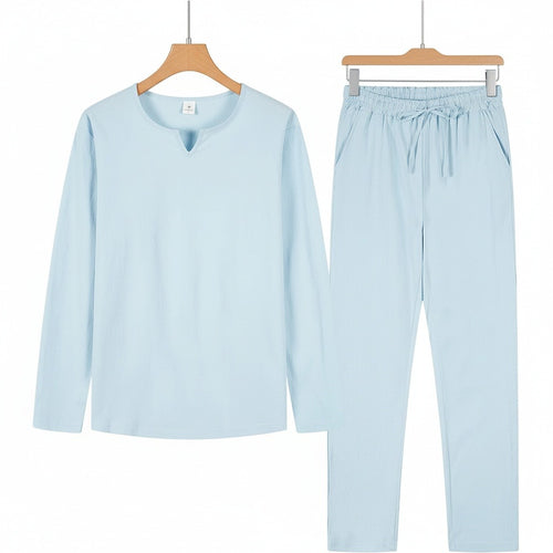 Mens V Neck Linen Set - Light Blue - Front View