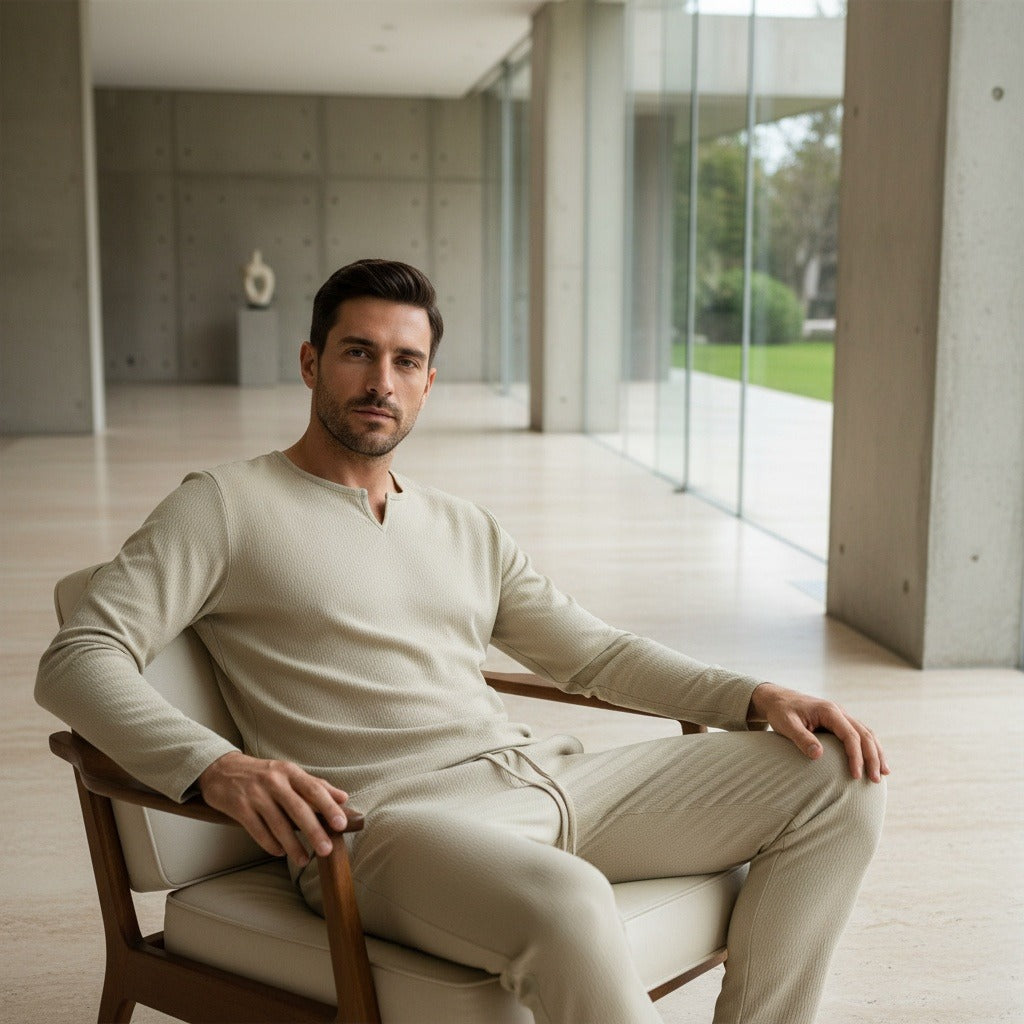 Mens V Neck Linen Set - Pale Olive - Side Profile