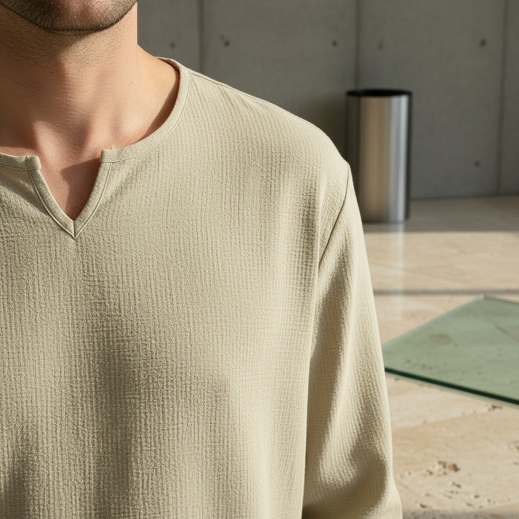 Mens V Neck Linen Set - Pale Olive - Back View