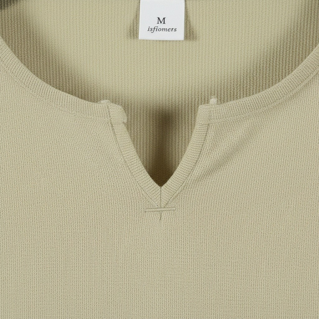 Mens V Neck Linen Set - Pale Olive - Texture Close Up