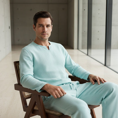 Mens V Neck Linen Set - Aqua Mist - Side Profile