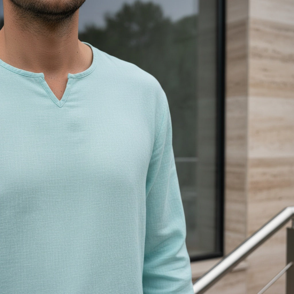 Mens V Neck Linen Set - Aqua Mist - Back View