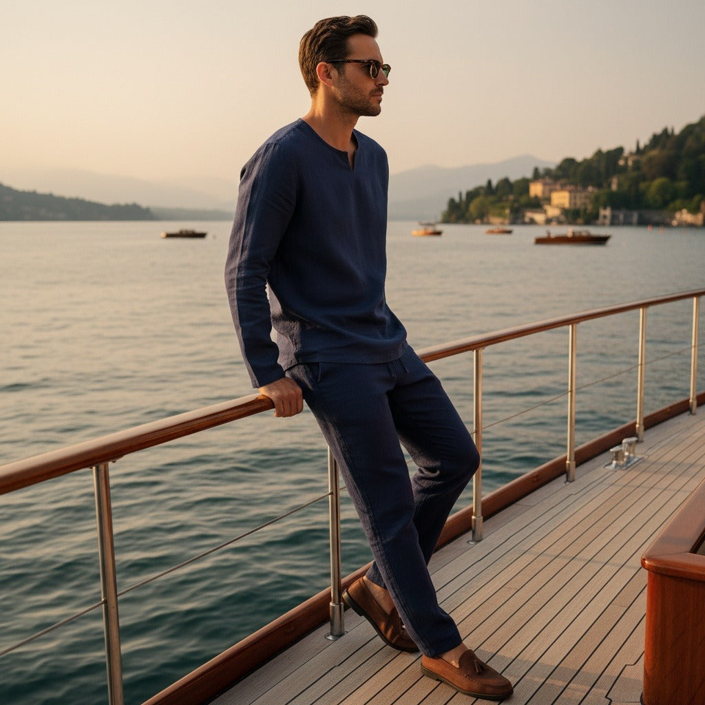 Mens V Neck Linen Set - Deep Midnight - Angled Shot