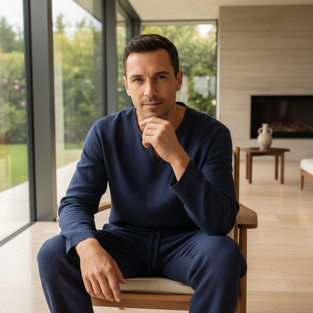 Mens V Neck Linen Set - Deep Midnight - Side Profile