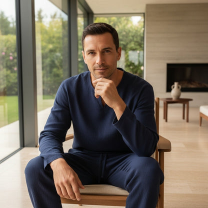 Mens V Neck Linen Set - Deep Midnight - Side Profile