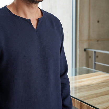 Mens V Neck Linen Set - Deep Midnight - Back View