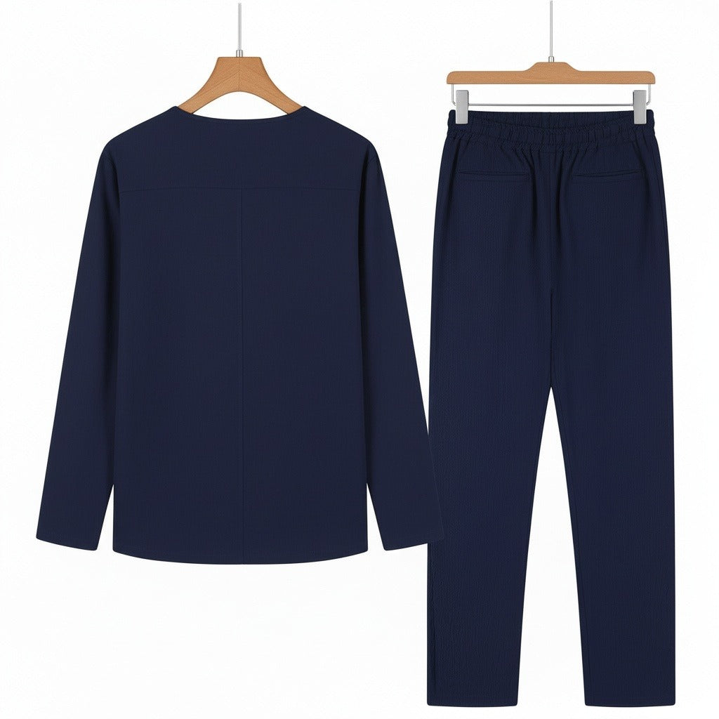 Mens V Neck Linen Set - Deep Midnight - Fabric Detail