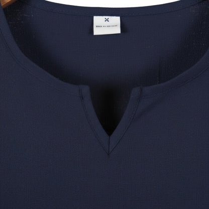 Mens V Neck Linen Set - Deep Midnight - Texture Close Up