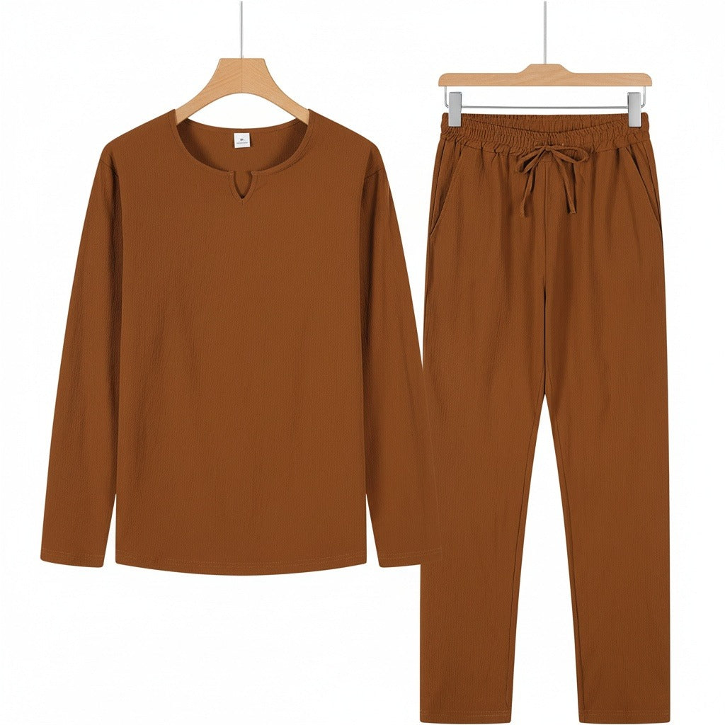Mens V Neck Linen Set - Autumn Brown - Front View