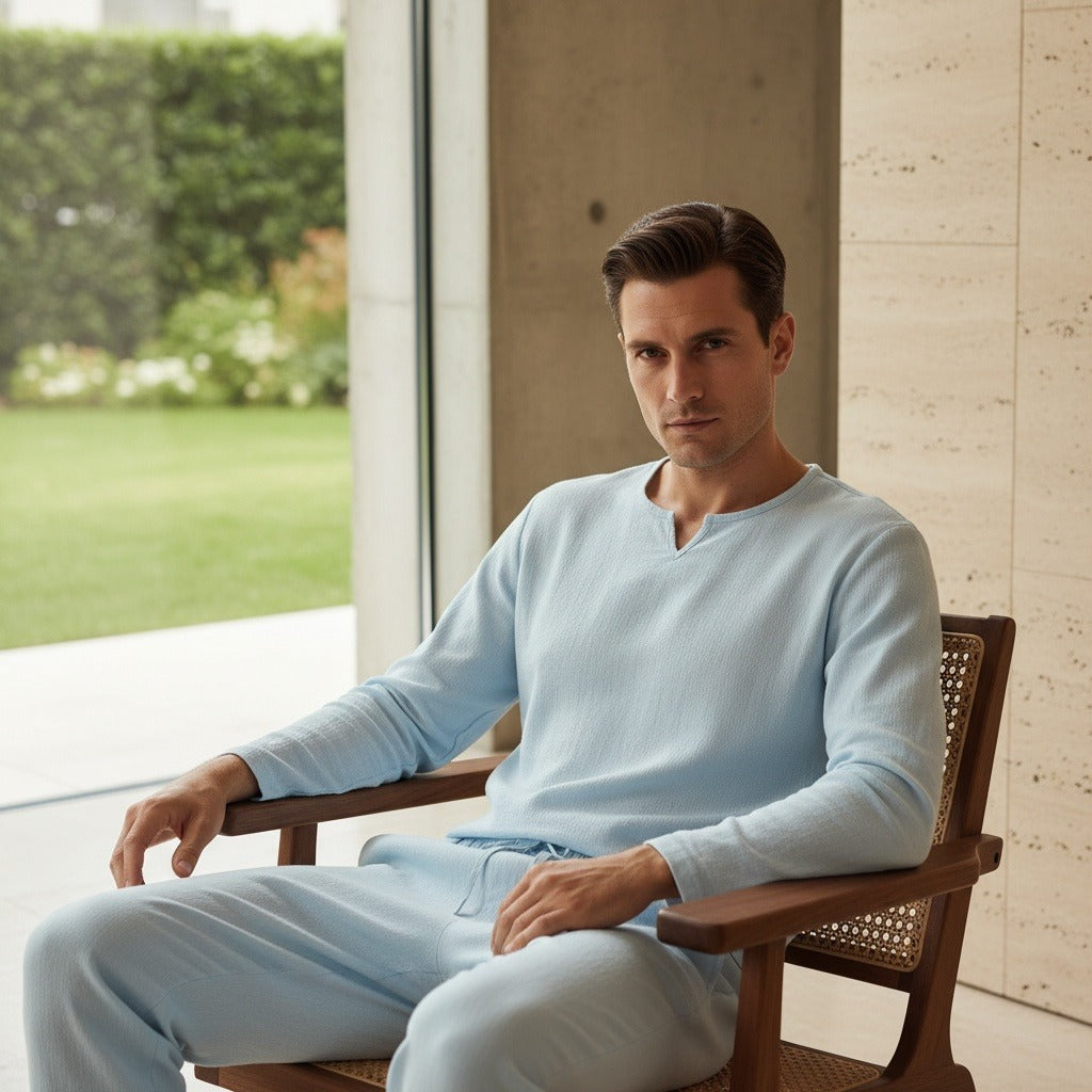 Mens V Neck Linen Set - Light Blue - Side Profile