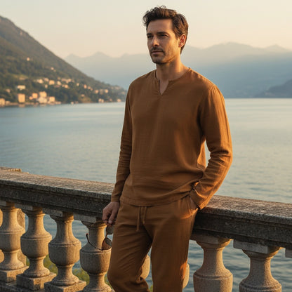Mens V Neck Linen Set - Autumn Brown - Angled Shot