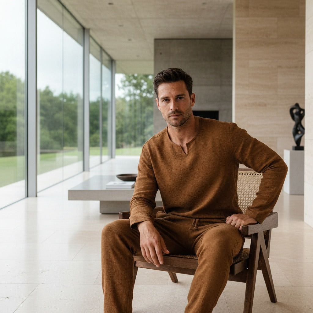 Mens V Neck Linen Set - Autumn Brown - Side Profile