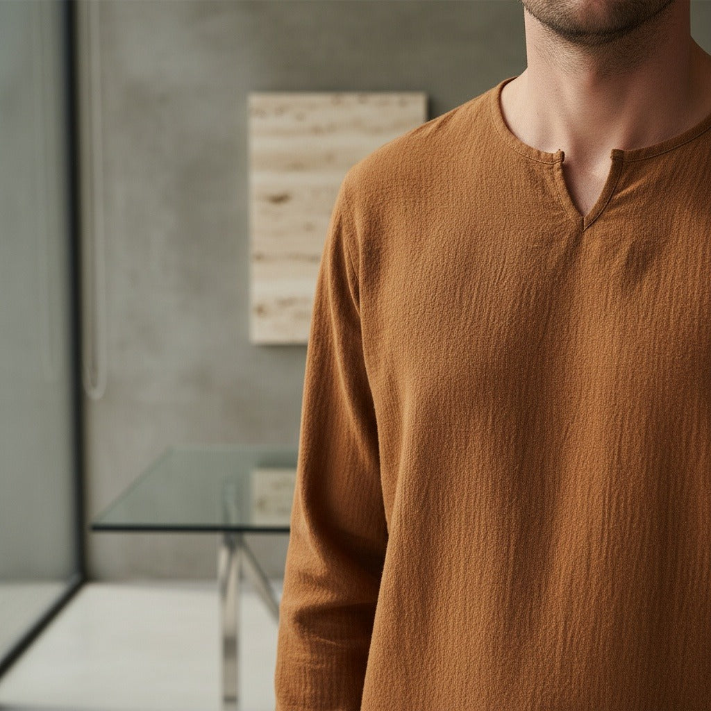 Mens V Neck Linen Set - Autumn Brown - Back View