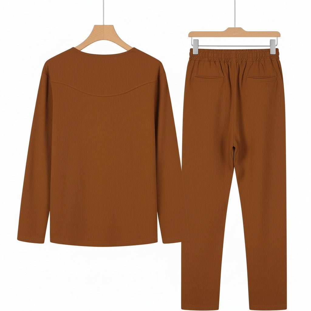 Mens V Neck Linen Set - Autumn Brown - Fabric Detail
