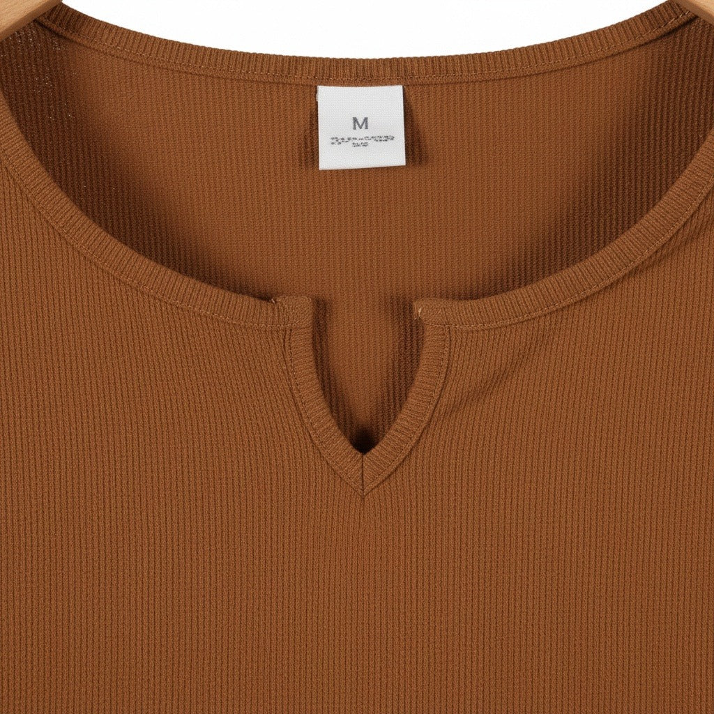 Mens V Neck Linen Set - Autumn Brown - Texture Close Up