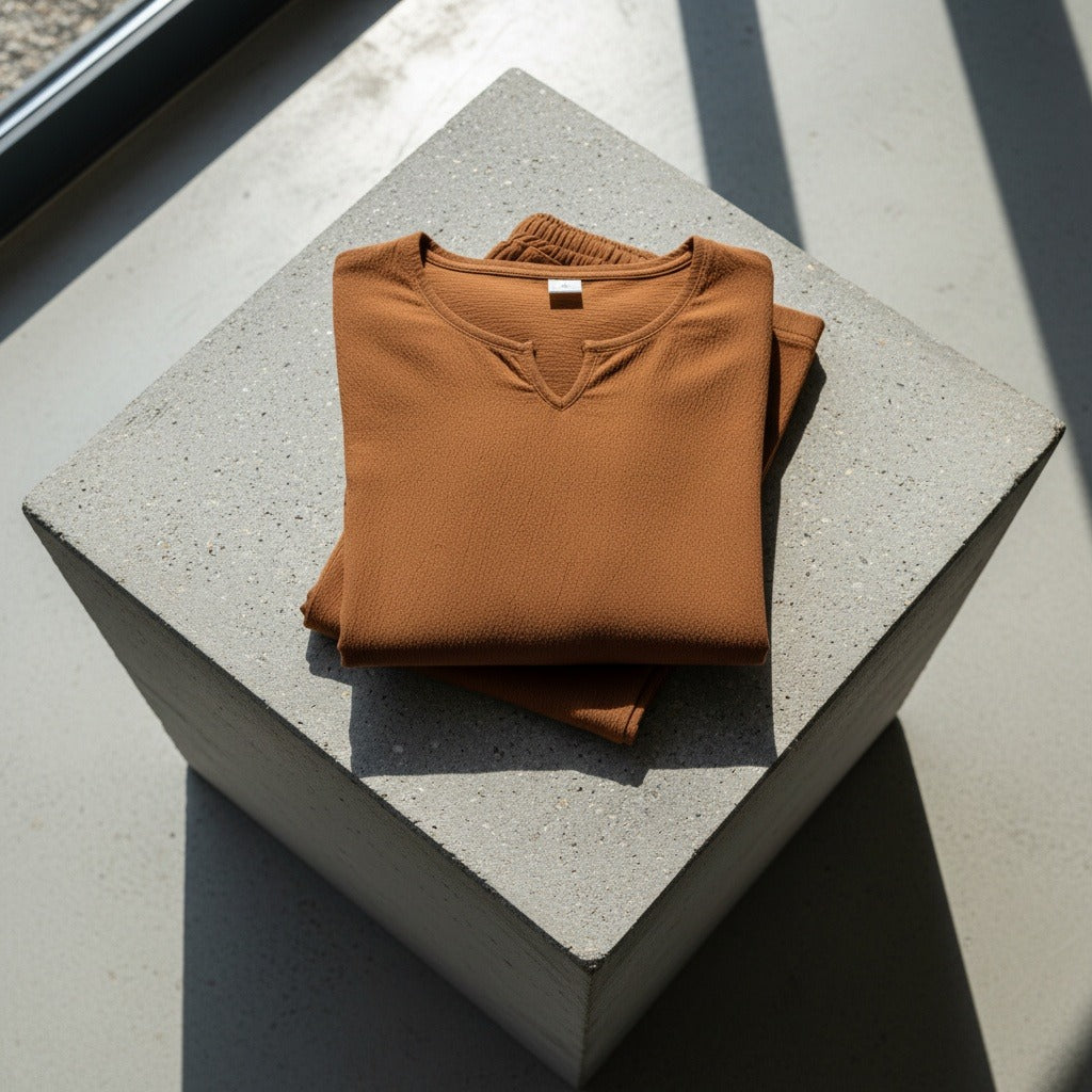 Mens V Neck Linen Set - Autumn Brown - Lifestyle Inspiration