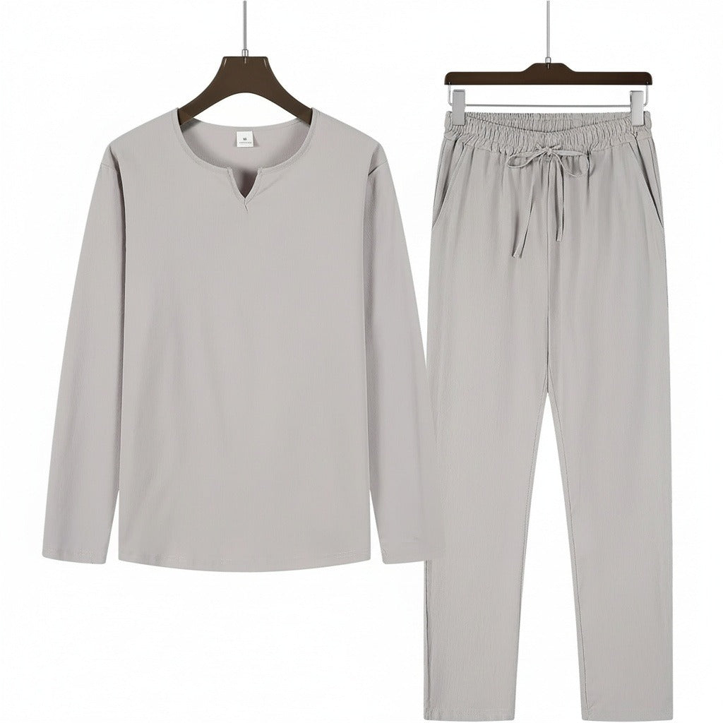Mens V Neck Linen Set - Silver Birch - Front View