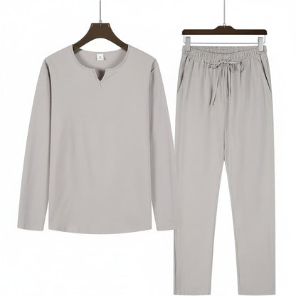 Mens V Neck Linen Set - Silver Birch - Front View