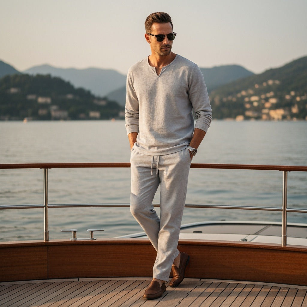 Mens V Neck Linen Set - Silver Birch - Angled Shot