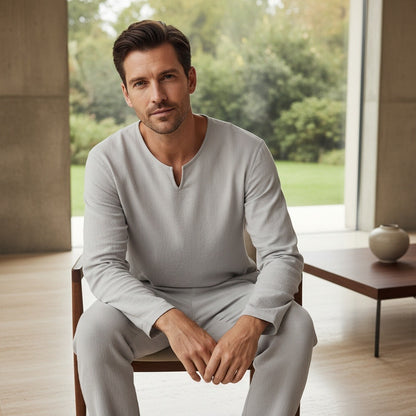 Mens V Neck Linen Set - Silver Birch - Side Profile