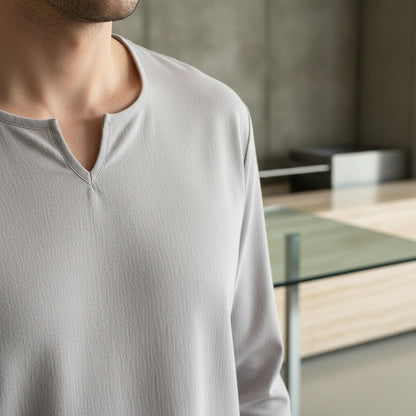Mens V Neck Linen Set - Silver Birch - Back View