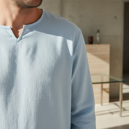Mens V Neck Linen Set - Light Blue - Back View