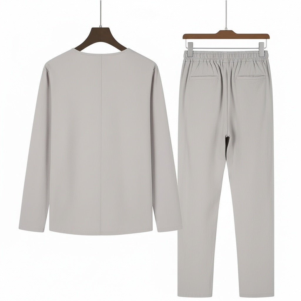 Mens V Neck Linen Set - Silver Birch - Fabric Detail