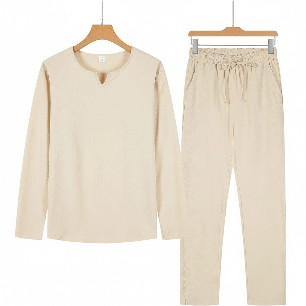 Mens V Neck Linen Set - Desert Sand - Front View