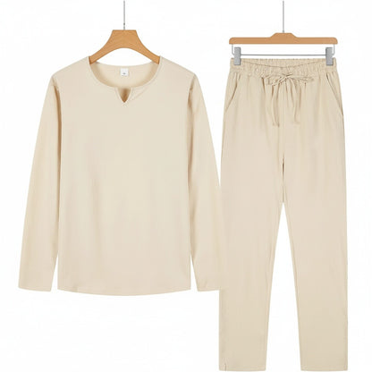 Mens V Neck Linen Set - Desert Sand - Front View