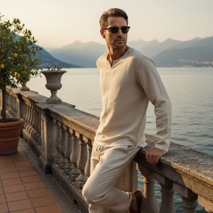 Mens V Neck Linen Set - Desert Sand - Angled Shot