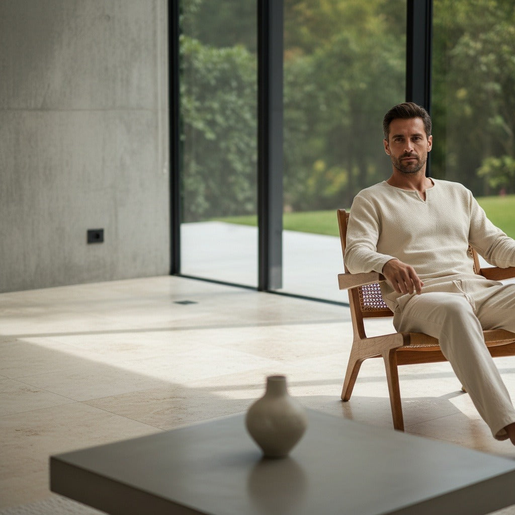 Mens V Neck Linen Set - Desert Sand - Side Profile