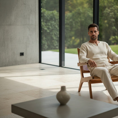 Mens V Neck Linen Set - Desert Sand - Side Profile