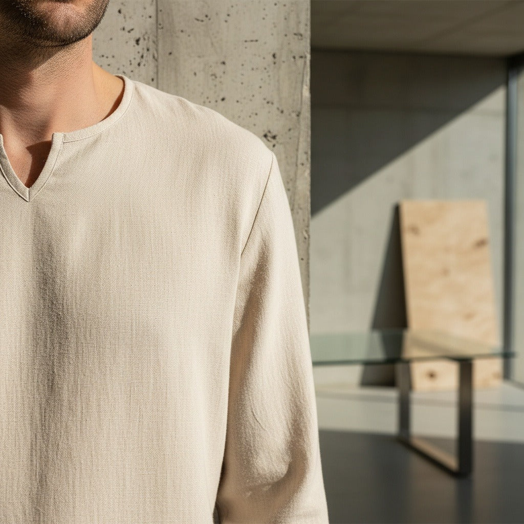 Mens V Neck Linen Set - Desert Sand - Back View