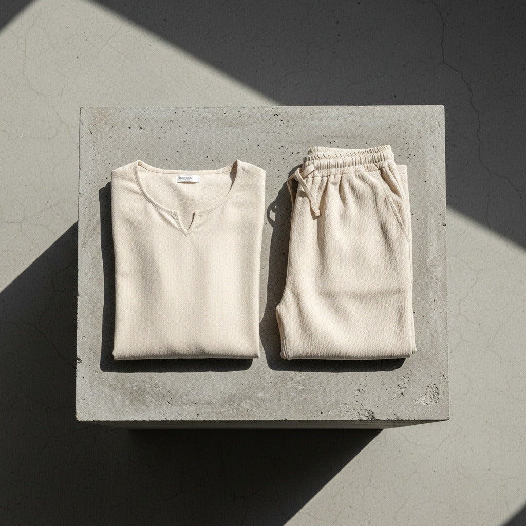 Mens V Neck Linen Set - Desert Sand - Lifestyle Inspiration