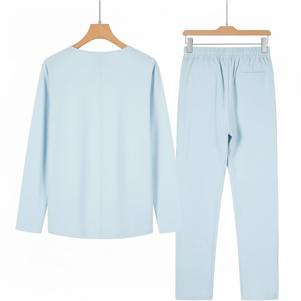 Mens V Neck Linen Set - Light Blue - Fabric Detail