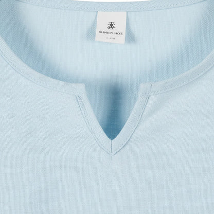 Mens V Neck Linen Set - Light Blue - Texture Close Up