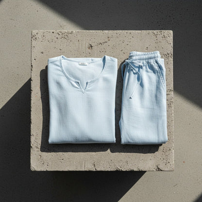 Mens V Neck Linen Set - Light Blue - Lifestyle Inspiration