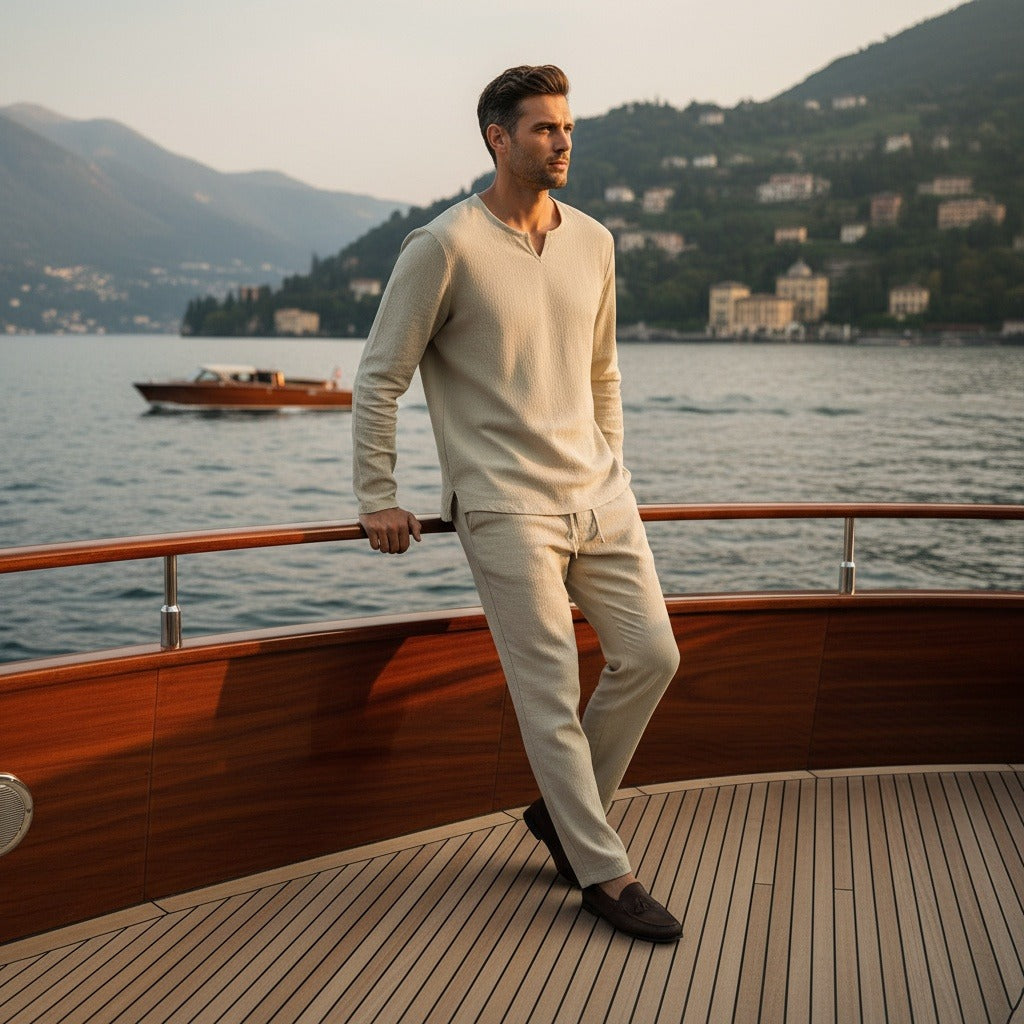 Mens V Neck Linen Set - Pale Olive - Angled Shot