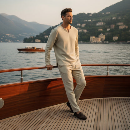 Mens V Neck Linen Set - Pale Olive - Angled Shot