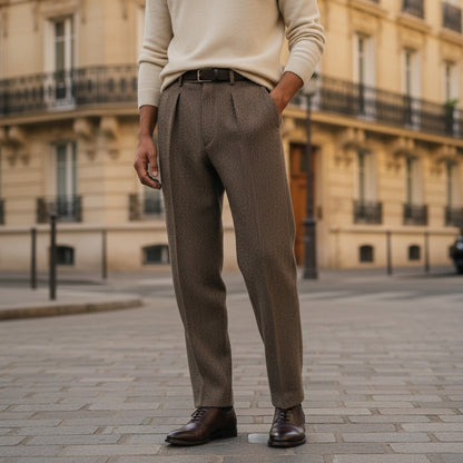 Mens Vintage Pleated Trousers - Brown - Angled Shot