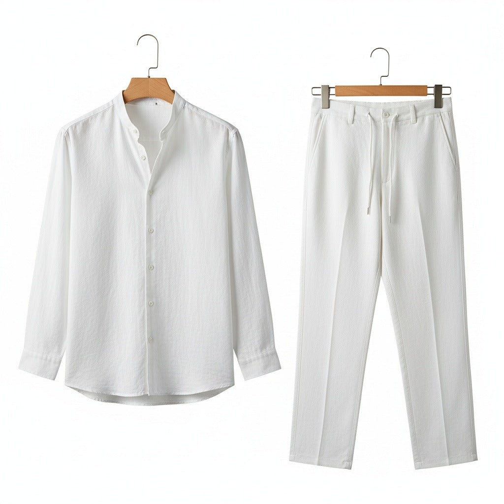 Mens White Linen Set - White - Front View