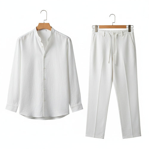 Mens White Linen Set - White - Front View