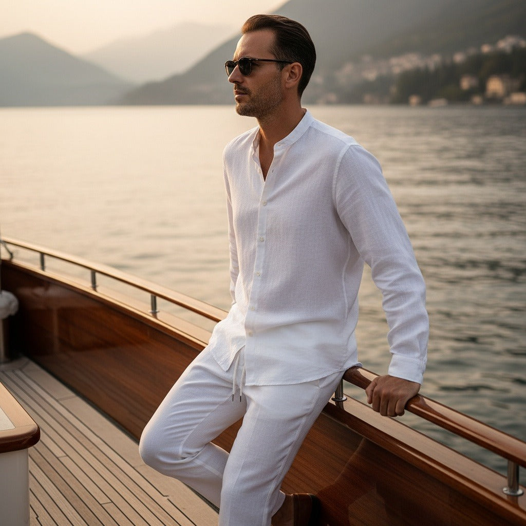 Mens White Linen Set - White - Angled Shot