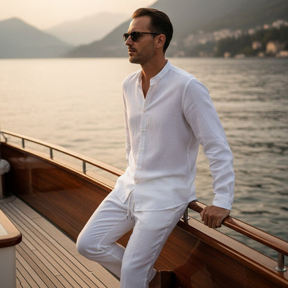 Mens White Linen Set - White - Angled Shot