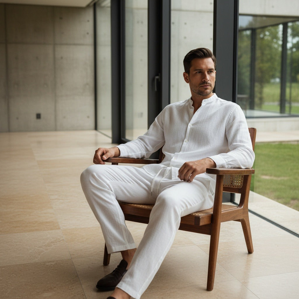 Mens White Linen Set - White - Side Profile