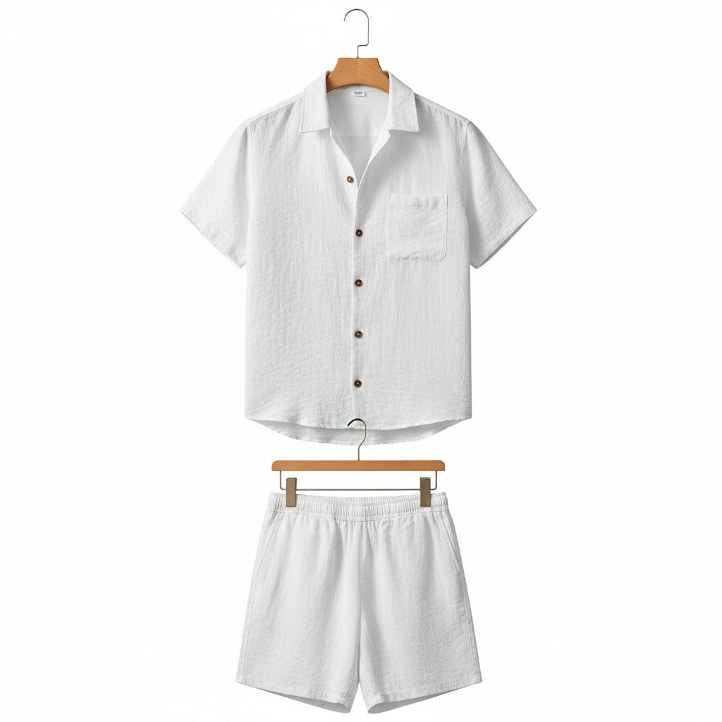 Mens White Linen Shorts and Shirt Set - White - Front View