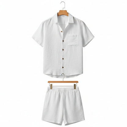Mens White Linen Shorts and Shirt Set - White - Front View