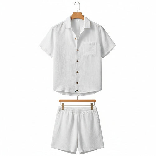 Mens White Linen Shorts and Shirt Set - White - Front View