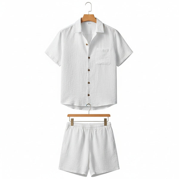 Mens White Linen Shorts and Shirt Set - White - Front View