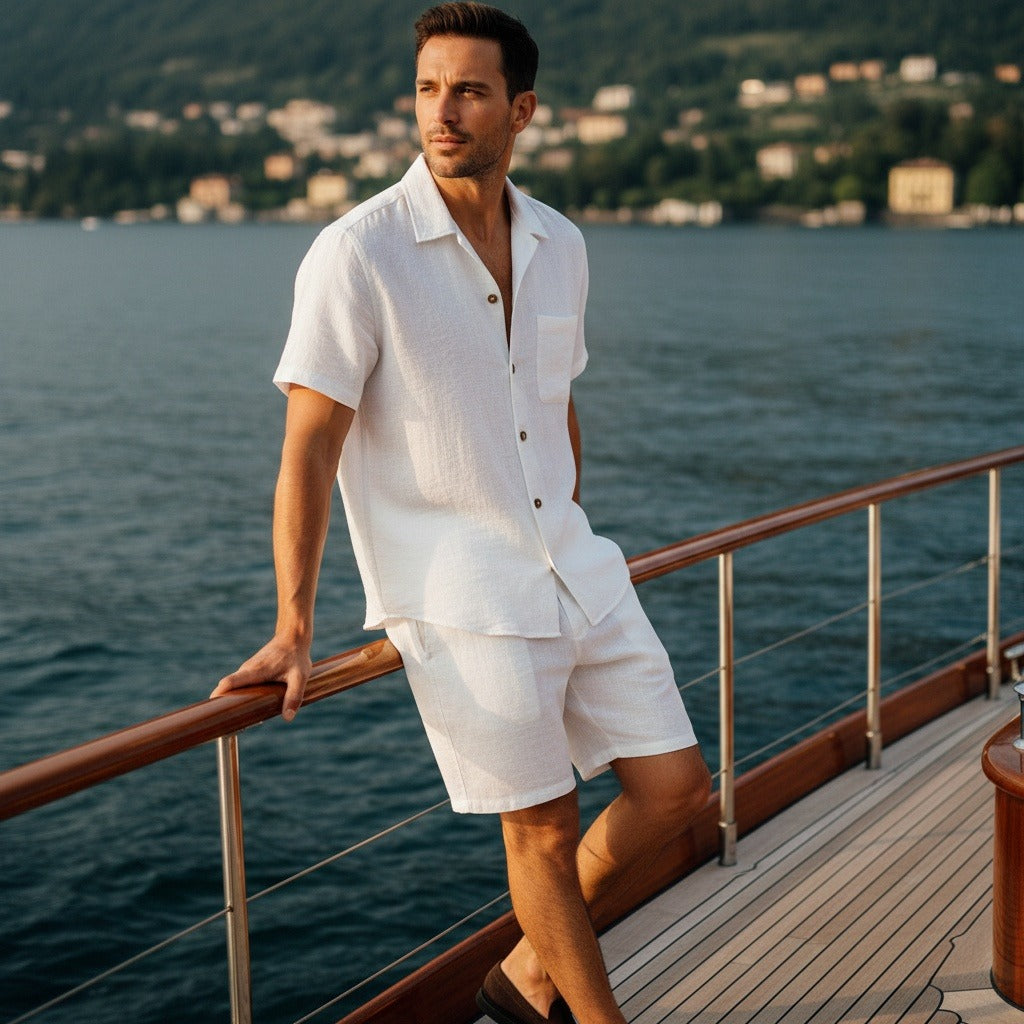 Mens White Linen Shorts and Shirt Set - White - Angled Shot
